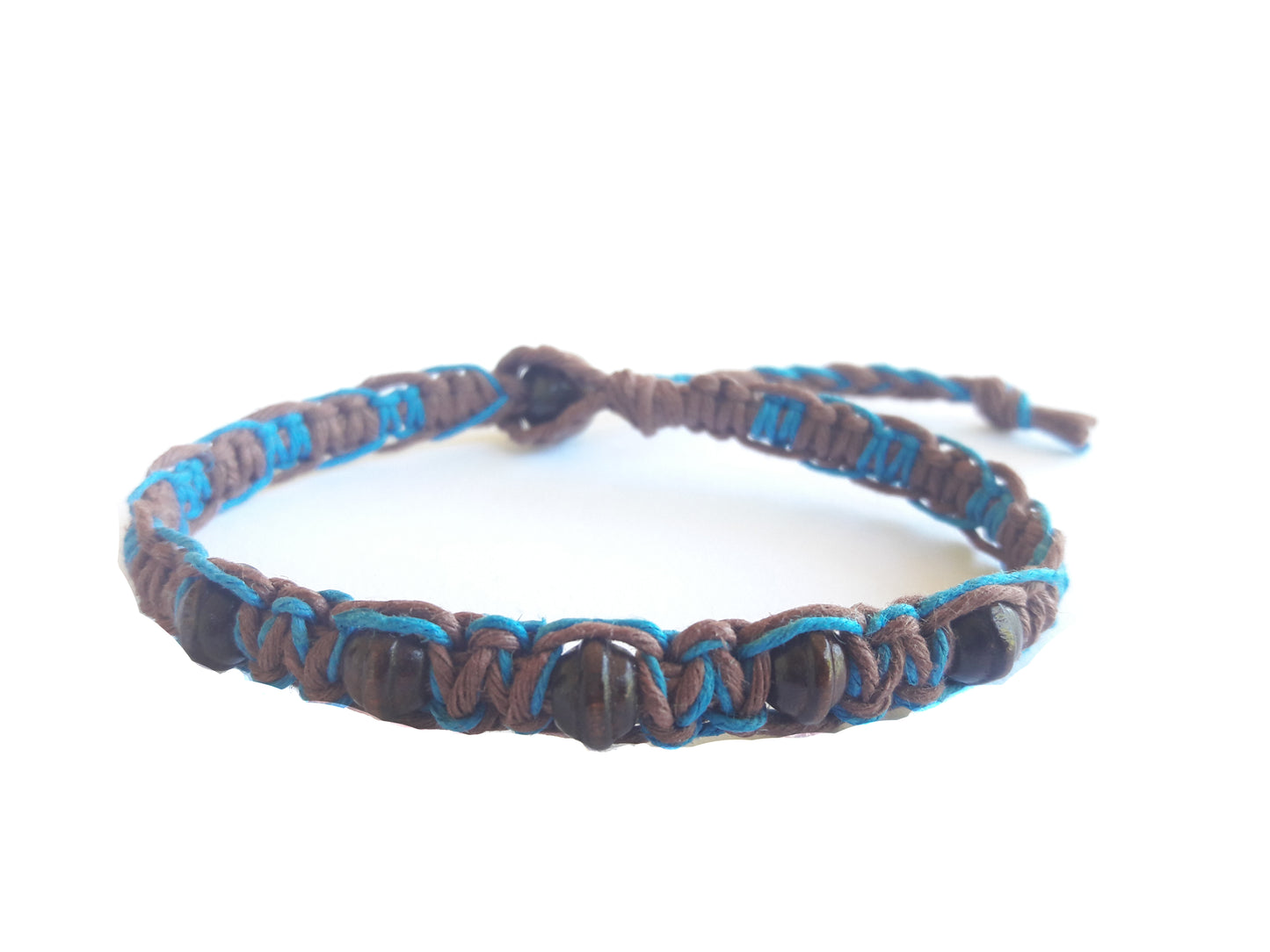 Beaded Brown and Teal Adjustable Hemp Anklet OR Hemp Bracelet - Handmade