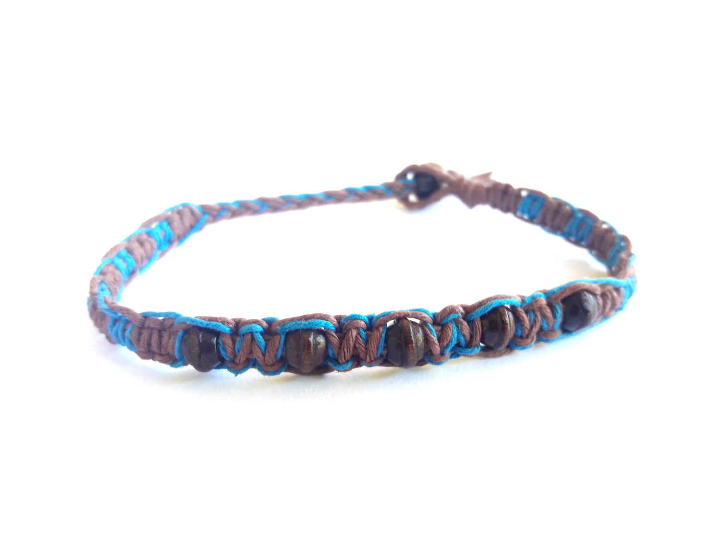 Beaded Brown and Teal Adjustable Hemp Anklet OR Hemp Bracelet - Handmade