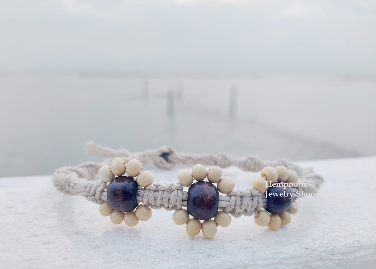 Hawaiian Inspired Beaded Flower Handmade with Natural Hemp Anklet