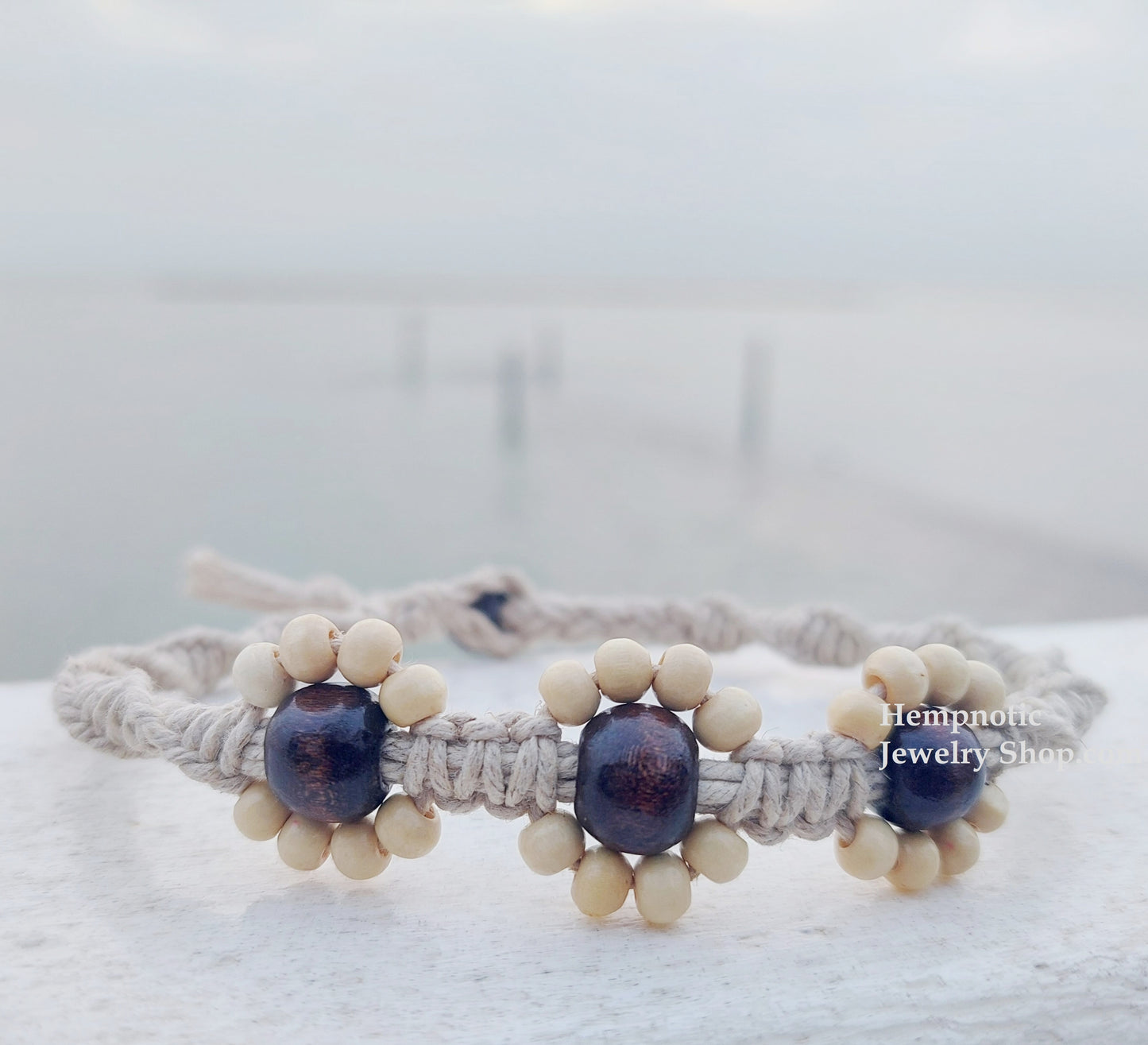 Hawaiian Inspired Beaded Flower Handmade with Natural Hemp Anklet