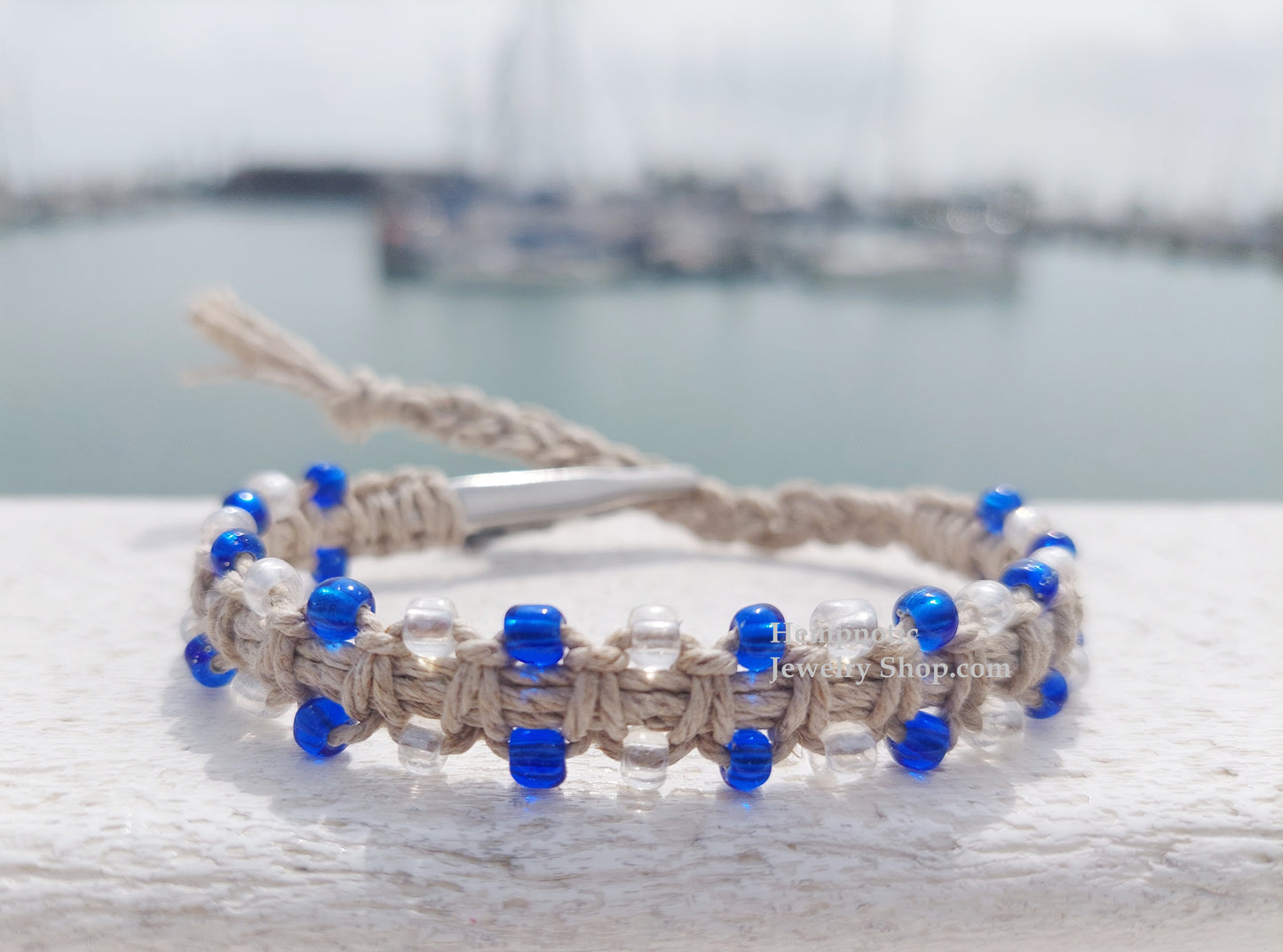 Blue Glass Beaded Adjustable Alligator Clip Natural Hemp Bracelet or Anklet