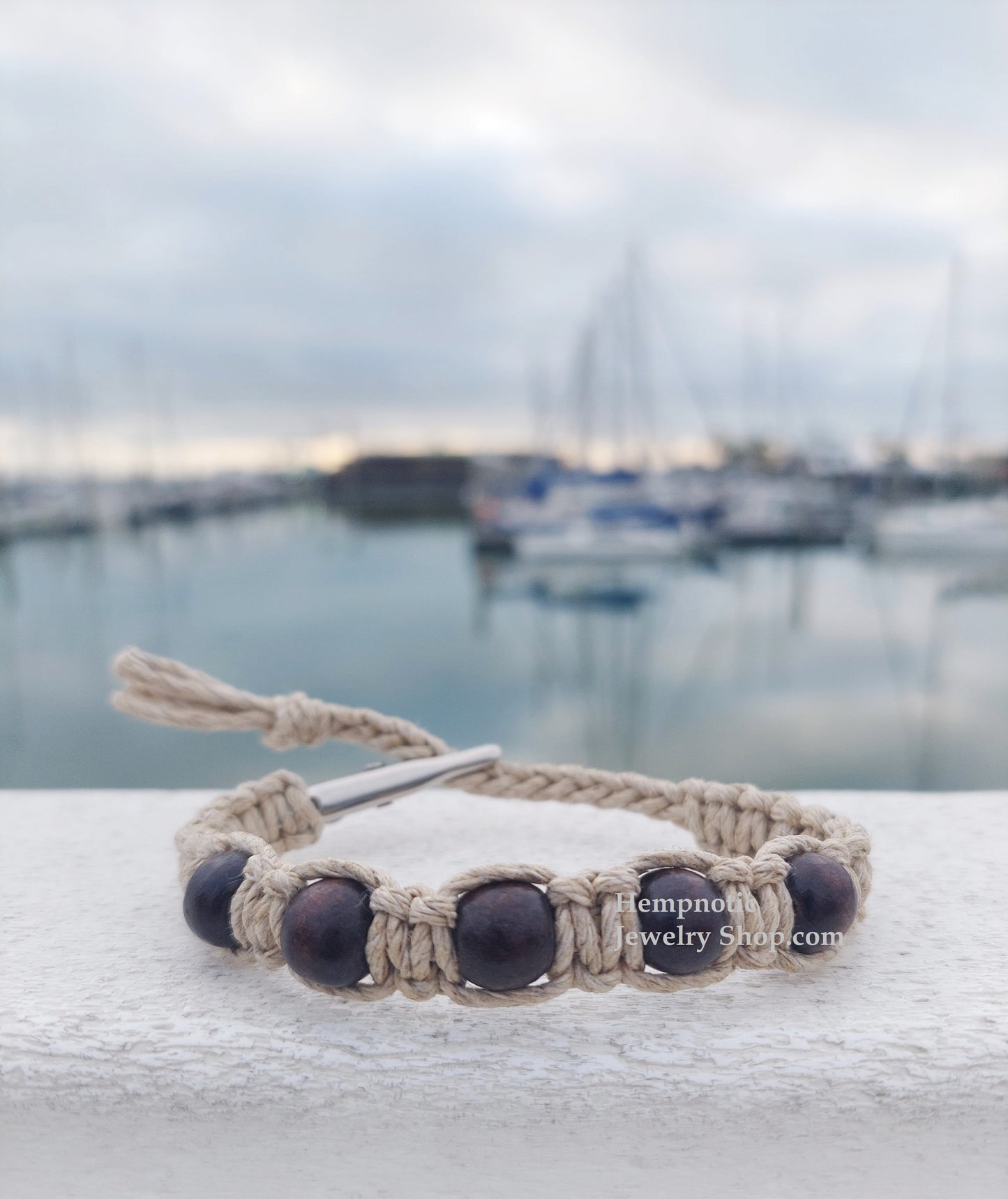Brown Wood Beaded Adjustable Alligator Clip Hemp Bracelet