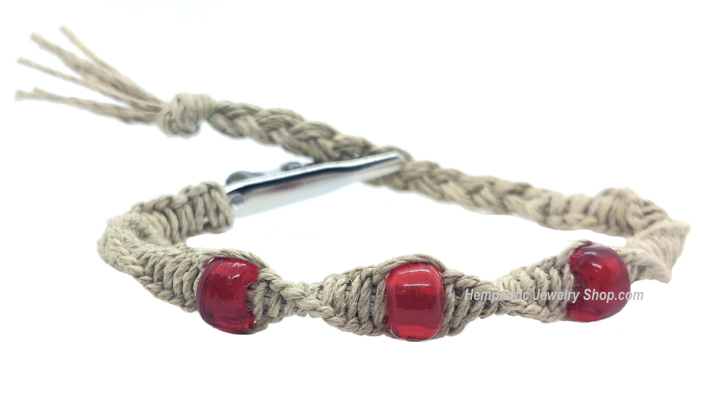 Hempnotic Spiral Red Glass Beaded Adjutable Alligator Clip Hemp Bracelet