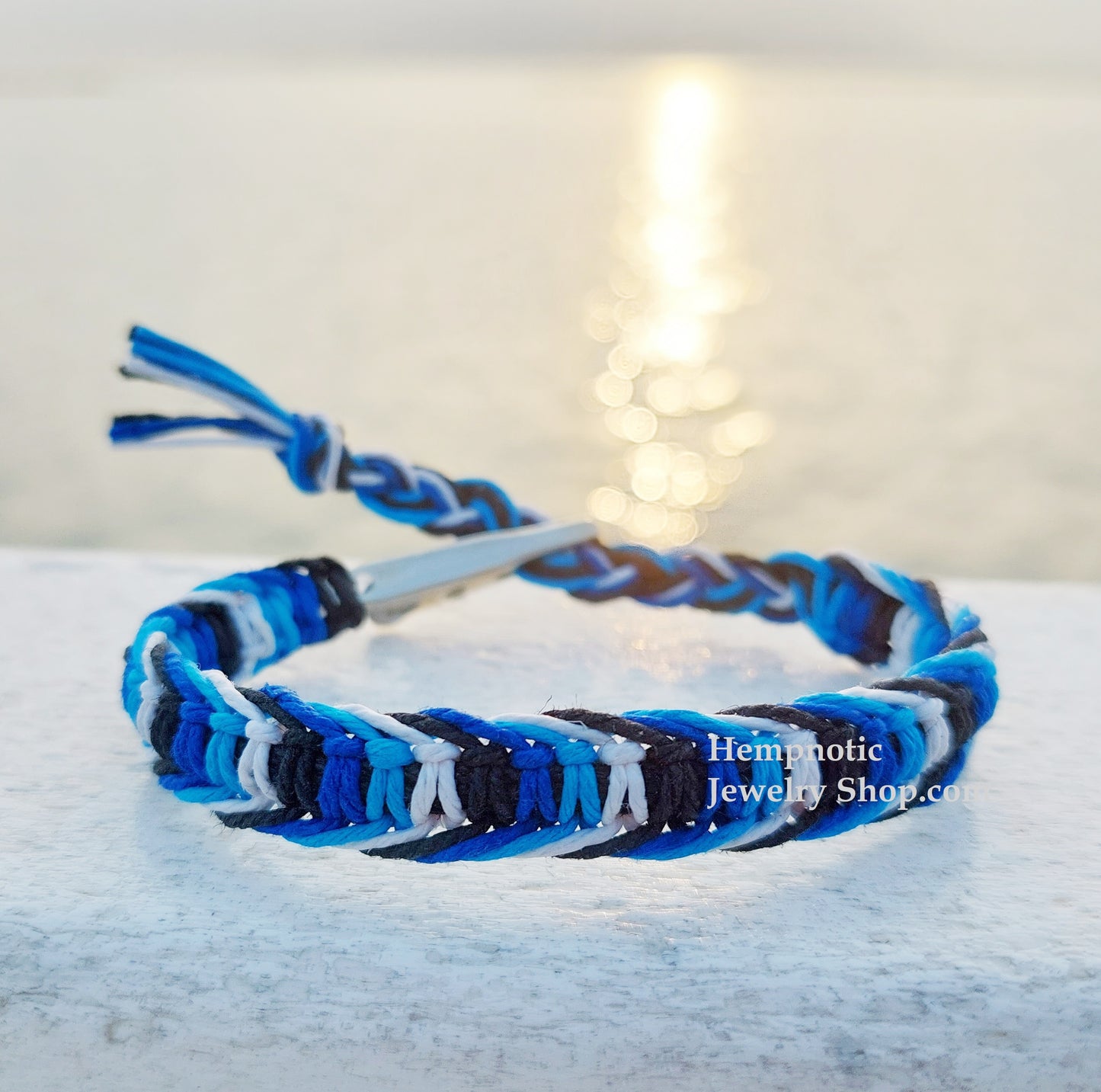 Blue Black White and Teal Hempnotic Adjustable Hemp Bracelet