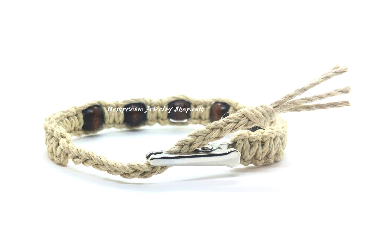 Brown Wood Beaded Adjustable Alligator Clip Hemp Bracelet