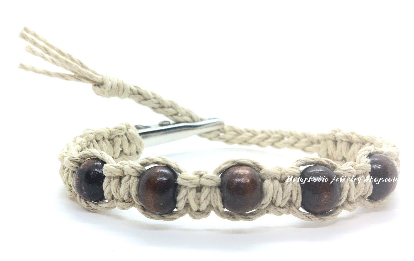 Brown Wood Beaded Adjustable Alligator Clip Hemp Bracelet