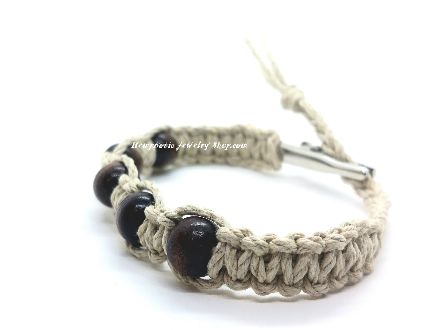 Brown Wood Beaded Adjustable Alligator Clip Hemp Bracelet