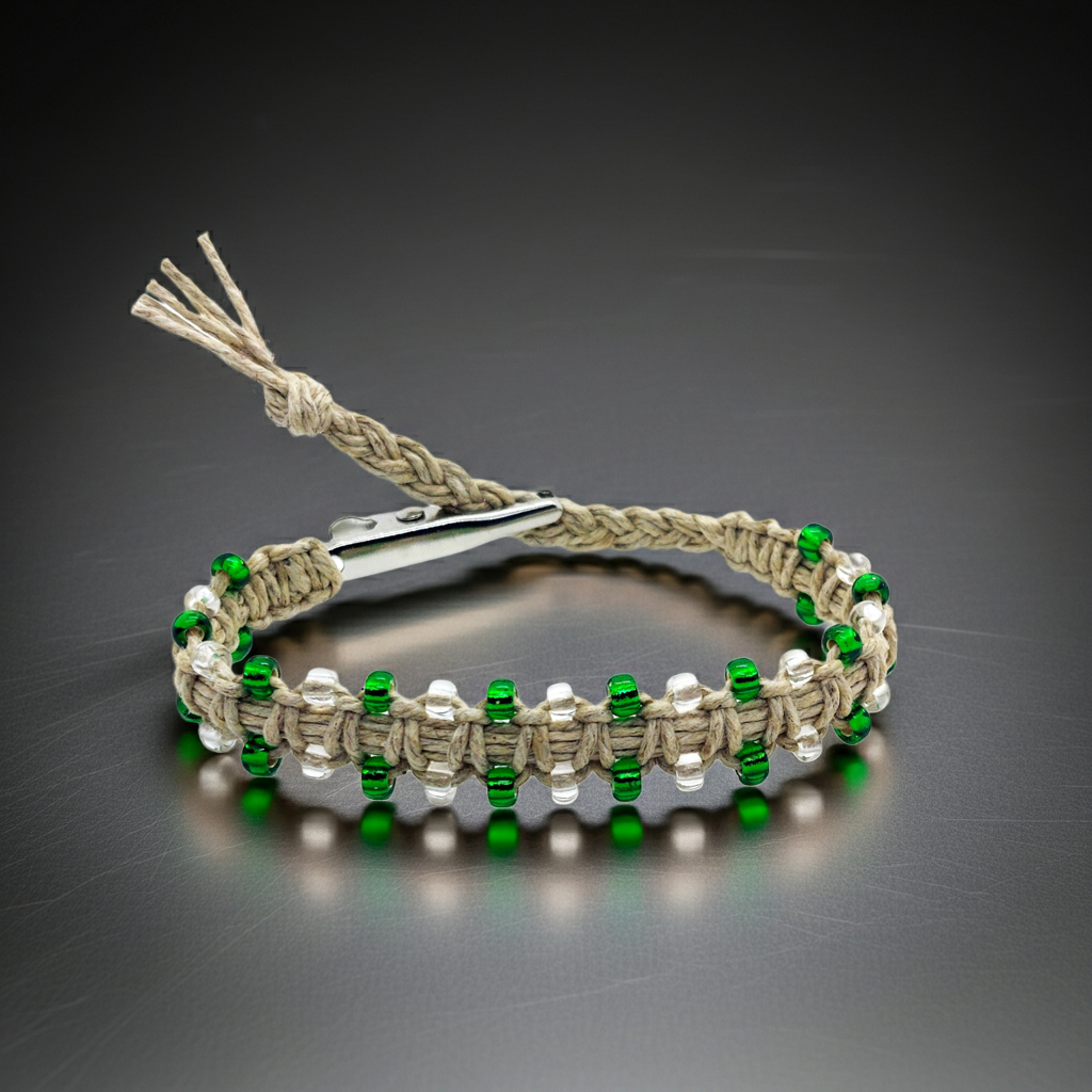 Green Glass Beaded Hempnotic Adjustable Alligator Clip Natural Hemp Bracelet or Anklet