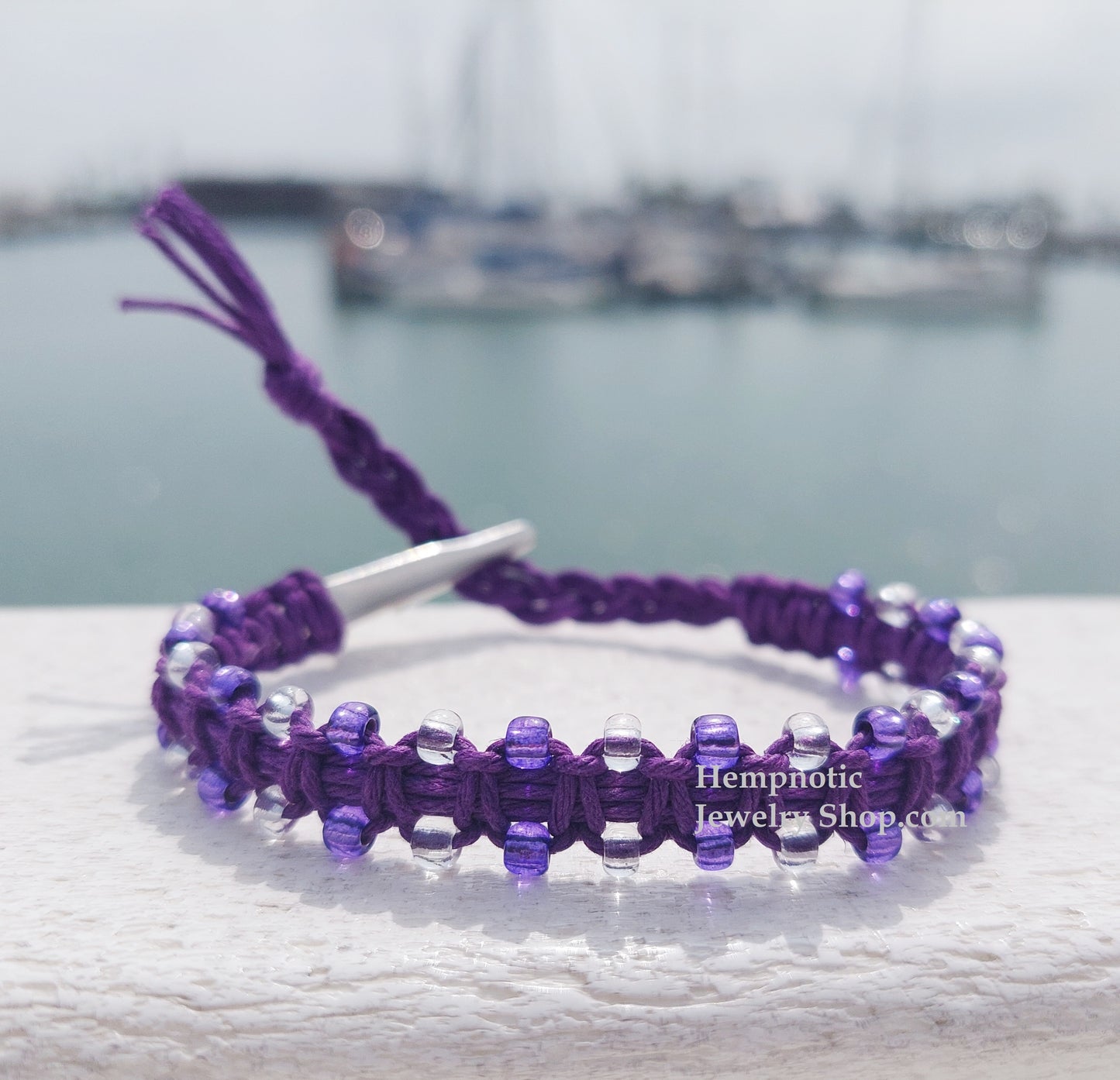 1116 - Purple Hemp Adjustable Glass Beaded Bracelet