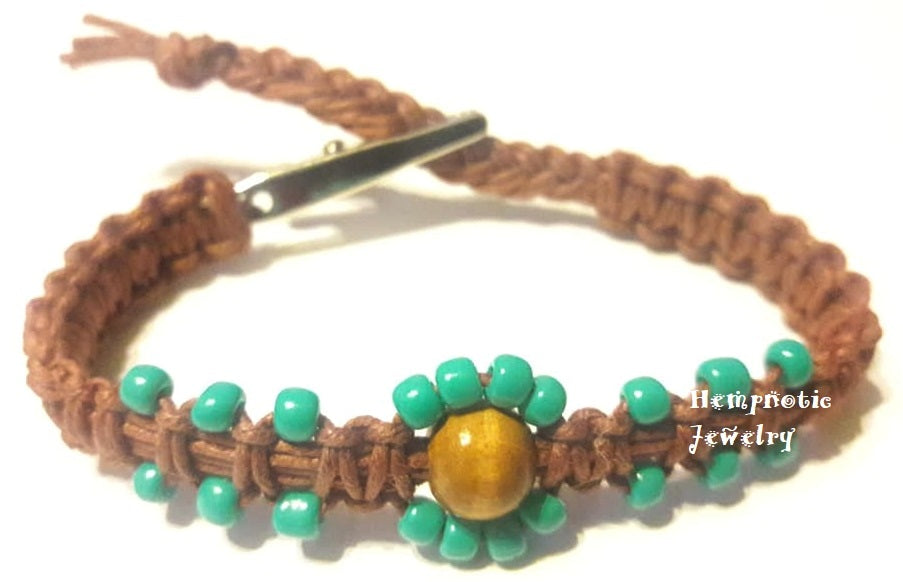 Teal Flower Glass Beaded Adjustable Alligator Clip Brown Hemp Bracelet