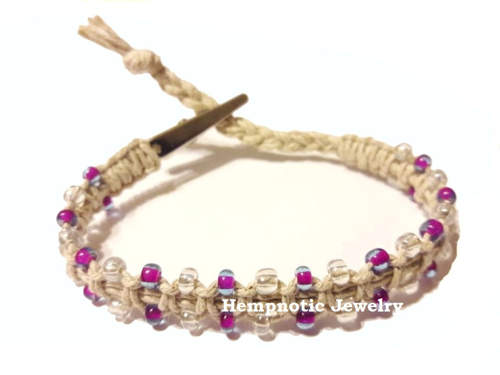 Purple Glass Beaded Adjustable Alligator Clip Natural Hemp Bracelet or Anklet