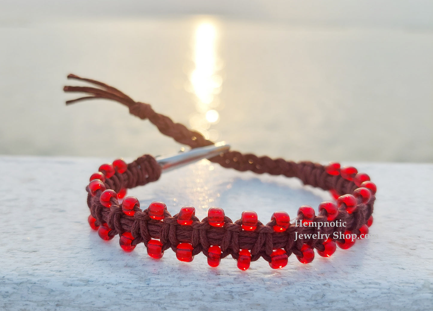 Red Glass Beaded Adjustable Alligator Clip Brown Hemp Bracelet