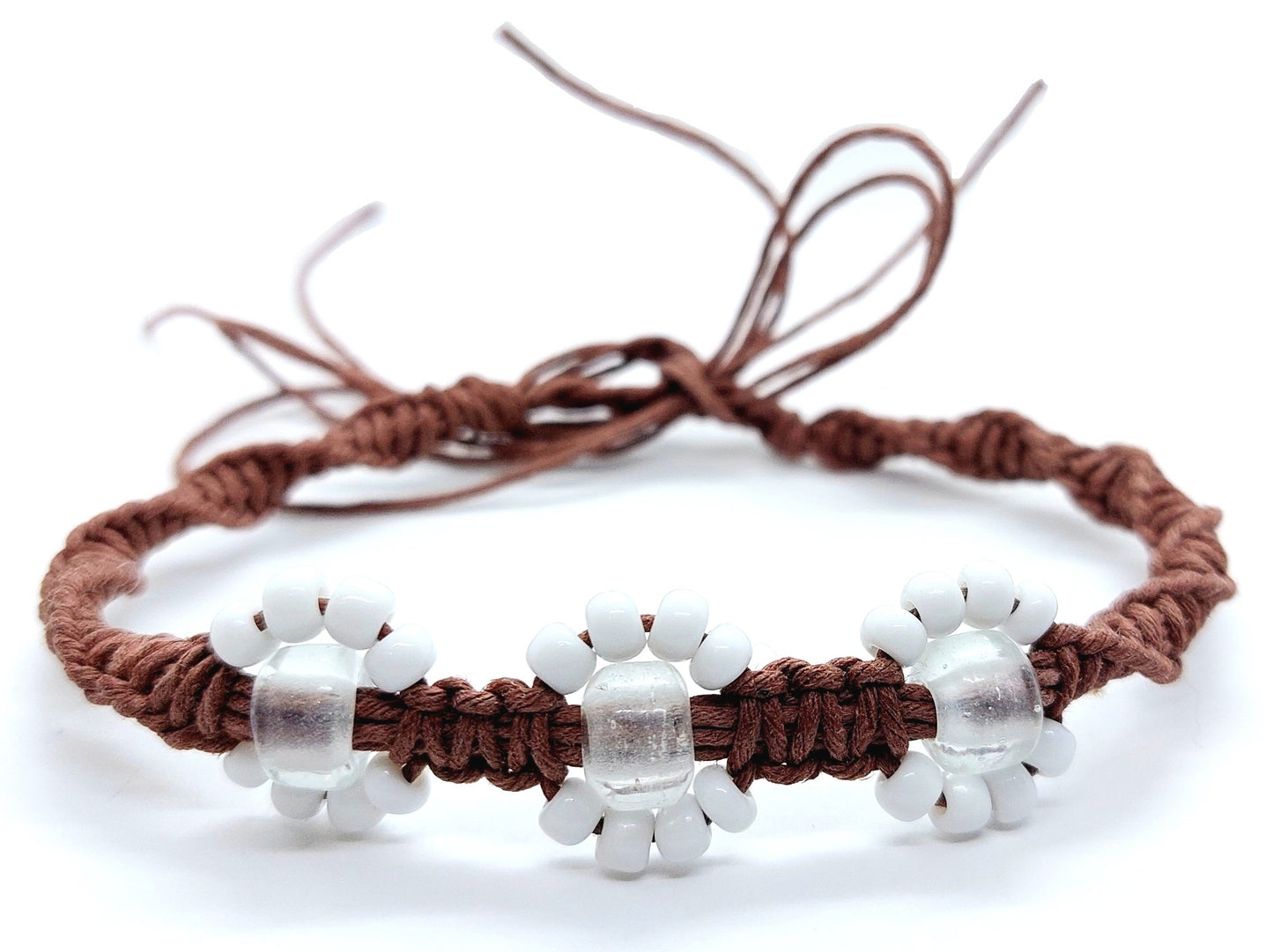 Brown Beach Hemp Tie Anklet Bracelet Hawaiian Inspired Glass Beaded Flower