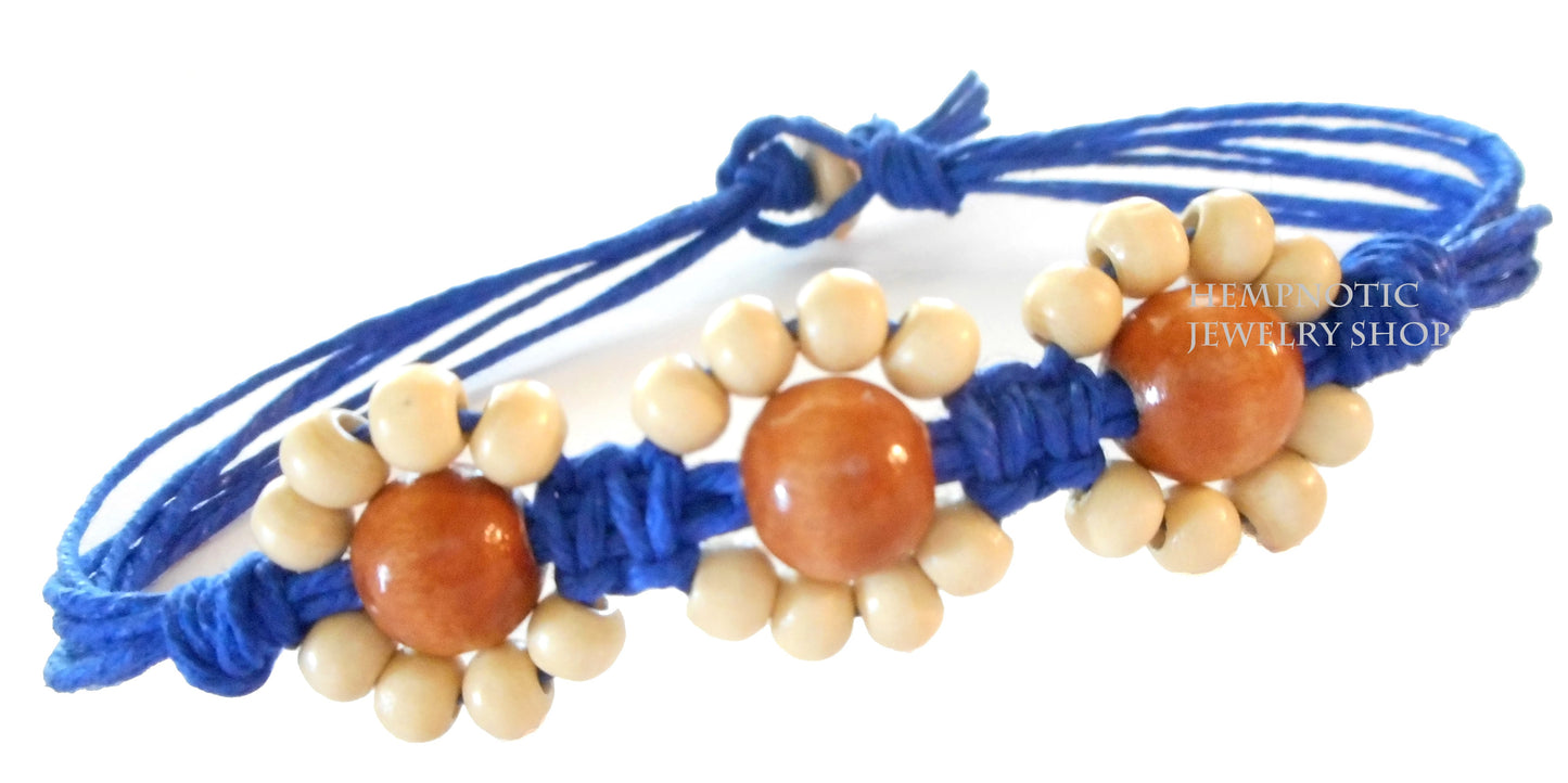 Wood Beaded Flower Pattern Blue Hemp Anklet or Bracelet