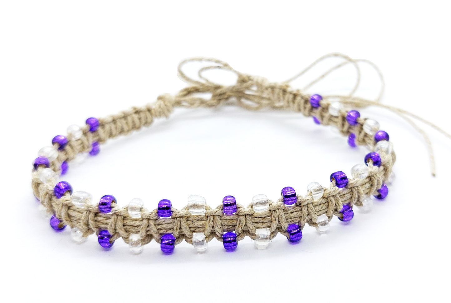 Purple Glass Beaded Natural Hemp Tie on Anklet