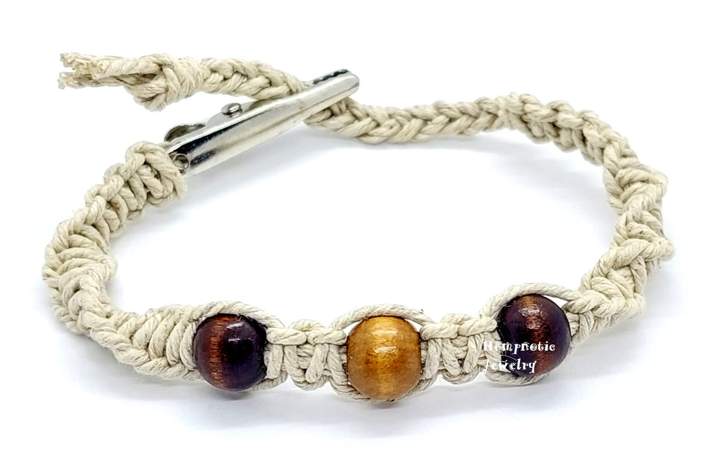 Multi Brown Wood Beaded Spiral Adjustable Alligator Clip Hemp Bracelet