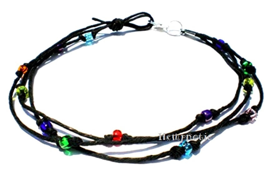 Black Anklet Hemp Three String Multicolor Glass Beaded Anklet