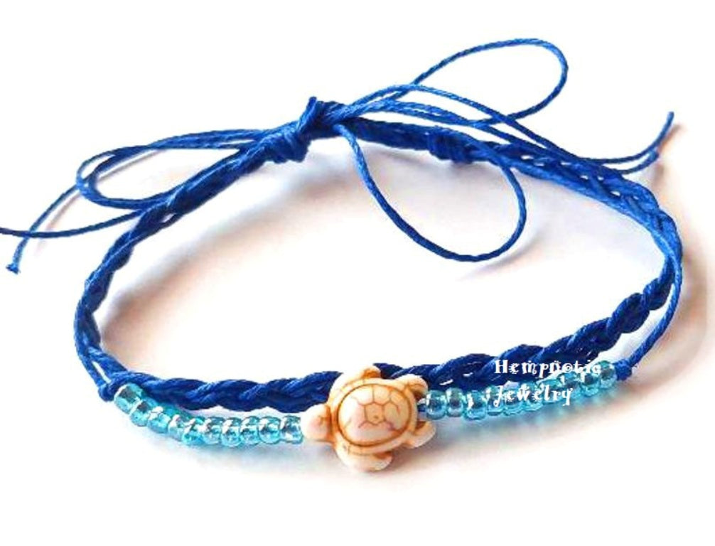 1112 - Bella Blue Glass Beaded Hawaiian Inspired Hemp Turtle Anklet