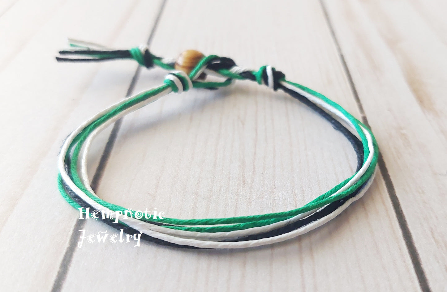 Green, Black, and White Light Weight Hemp Cord Men's or Women's Bracelet