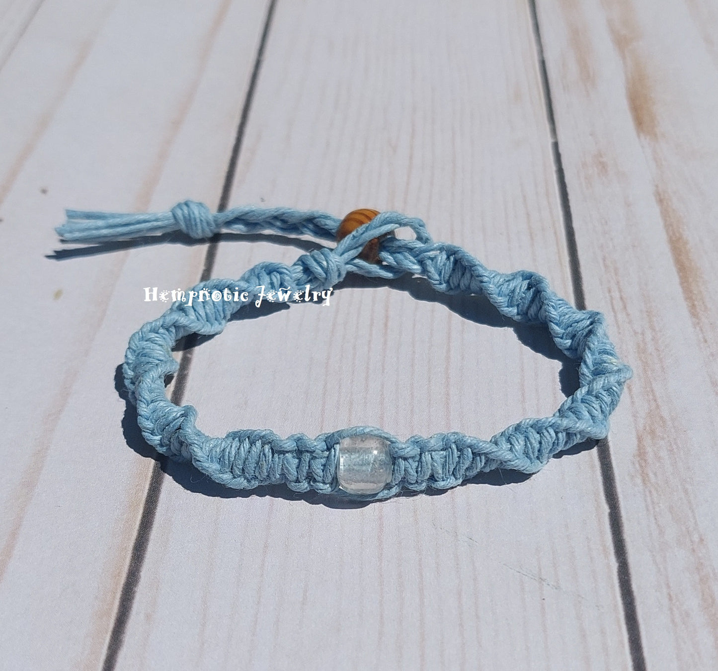 Light Blue Spiral Glass Bead Hemp Bracelet