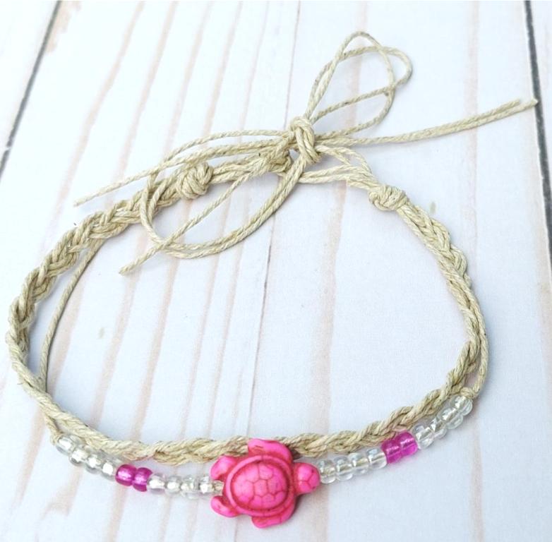 Hempnotic Pink Glass Beaded Hawaiian Inspired Turtle Hemp Anklet