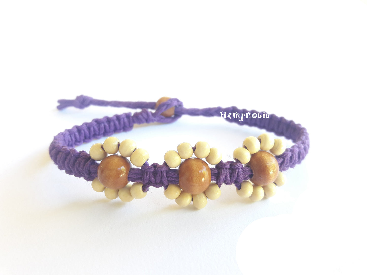 Hemp Anklet Bracelet Hawaiian Inspired Beaded Flower Adjustable