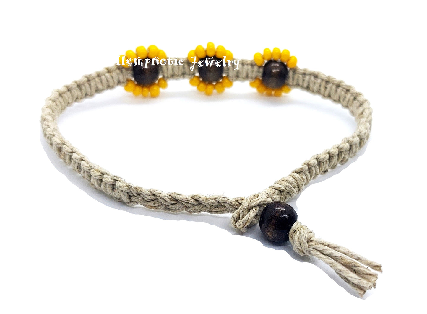 Sunflower Hemp Anklet Glass and Wood Beaded Flower