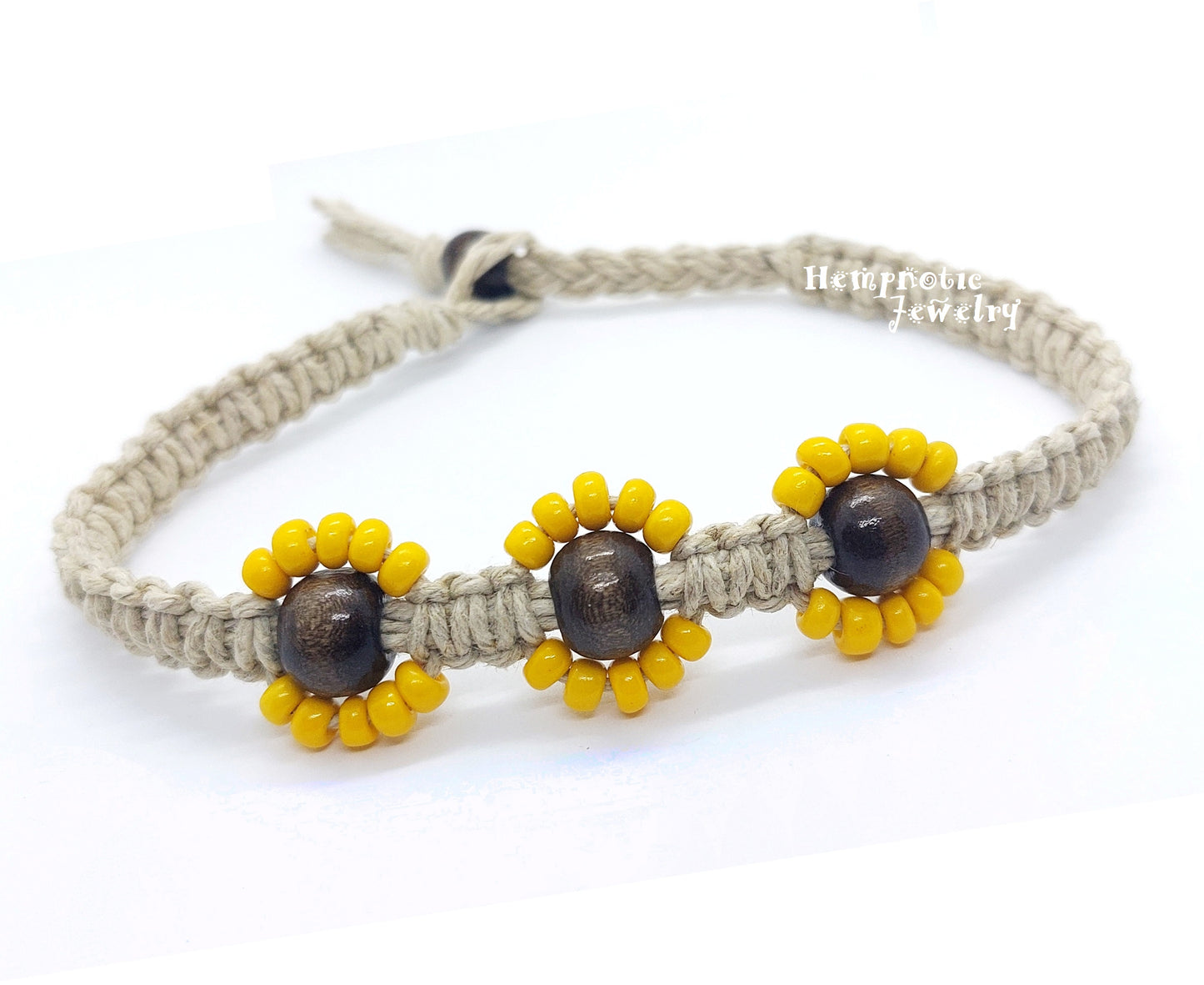 Sunflower Hemp Anklet Glass and Wood Beaded Flower