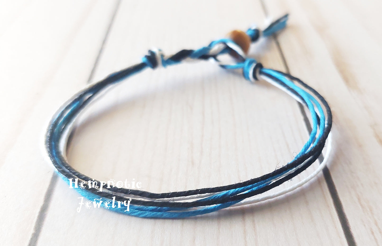 Teal, Black, and White Light Weight Hemp Cord Men's or Women's Bracelet
