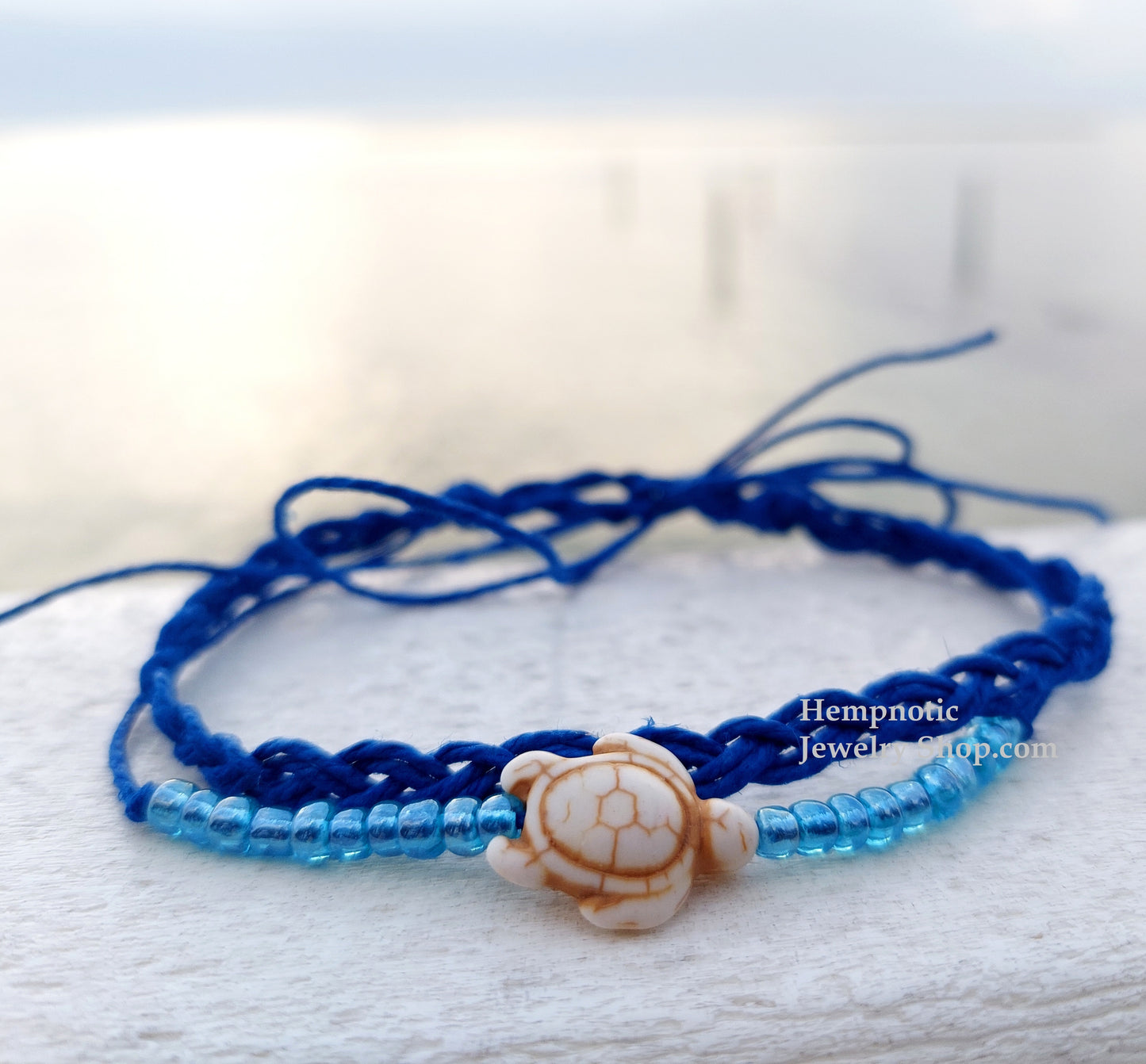 1112 - Bella Blue Glass Beaded Hawaiian Inspired Hemp Turtle Anklet