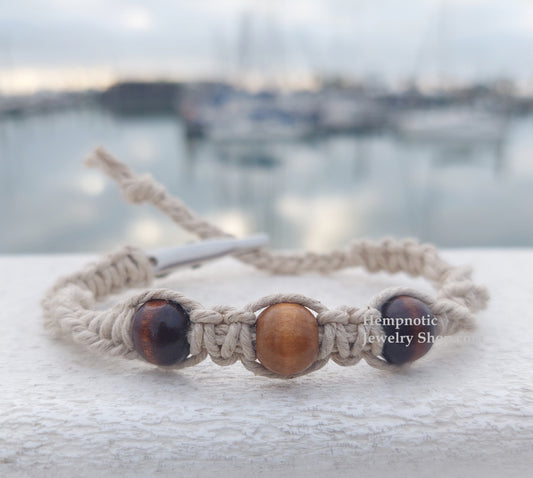 Multi Brown Wood Beaded Spiral Adjustable Hemp Bracelet
