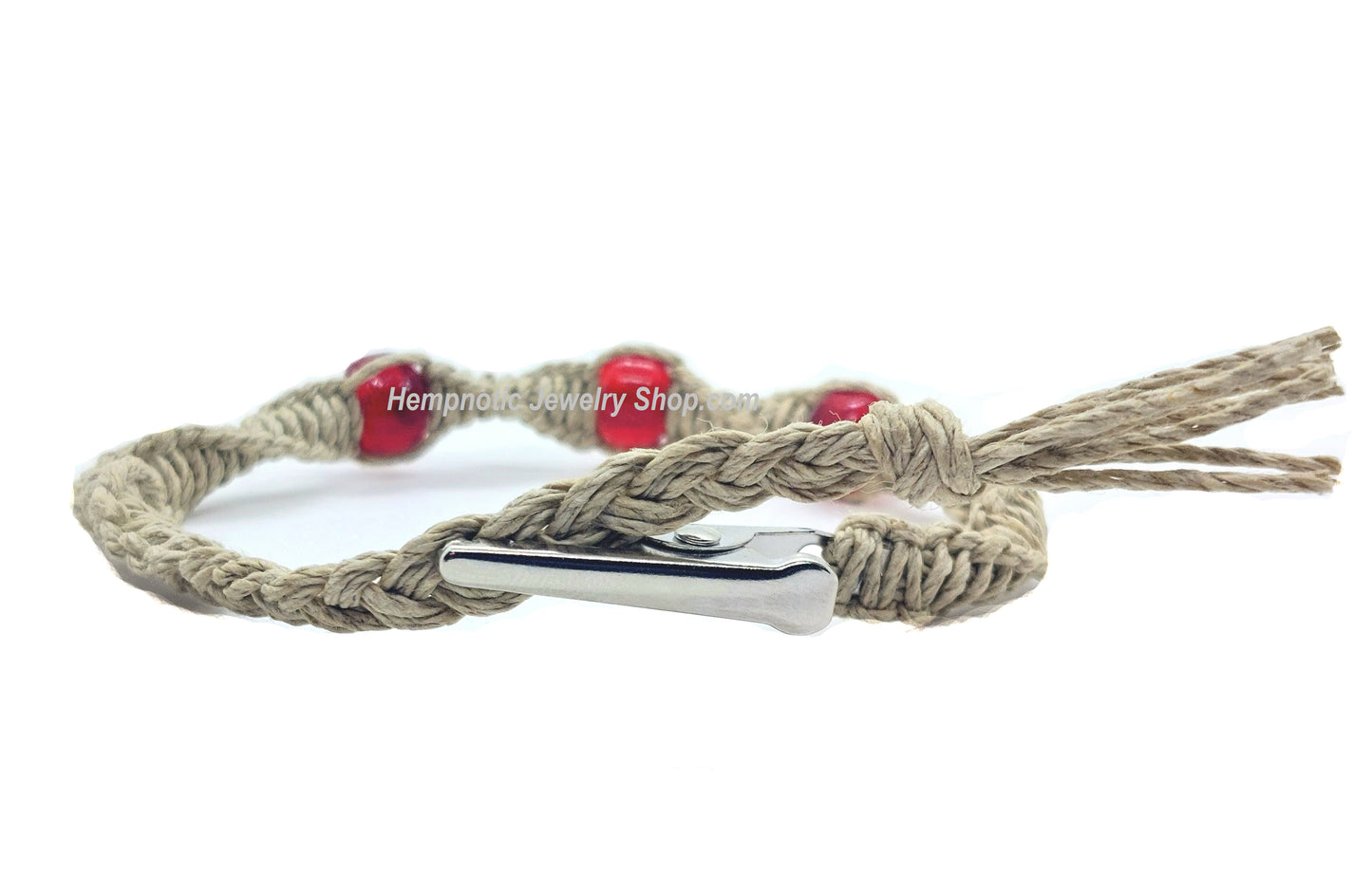 Hempnotic Spiral Red Glass Beaded Adjutable Alligator Clip Hemp Bracelet