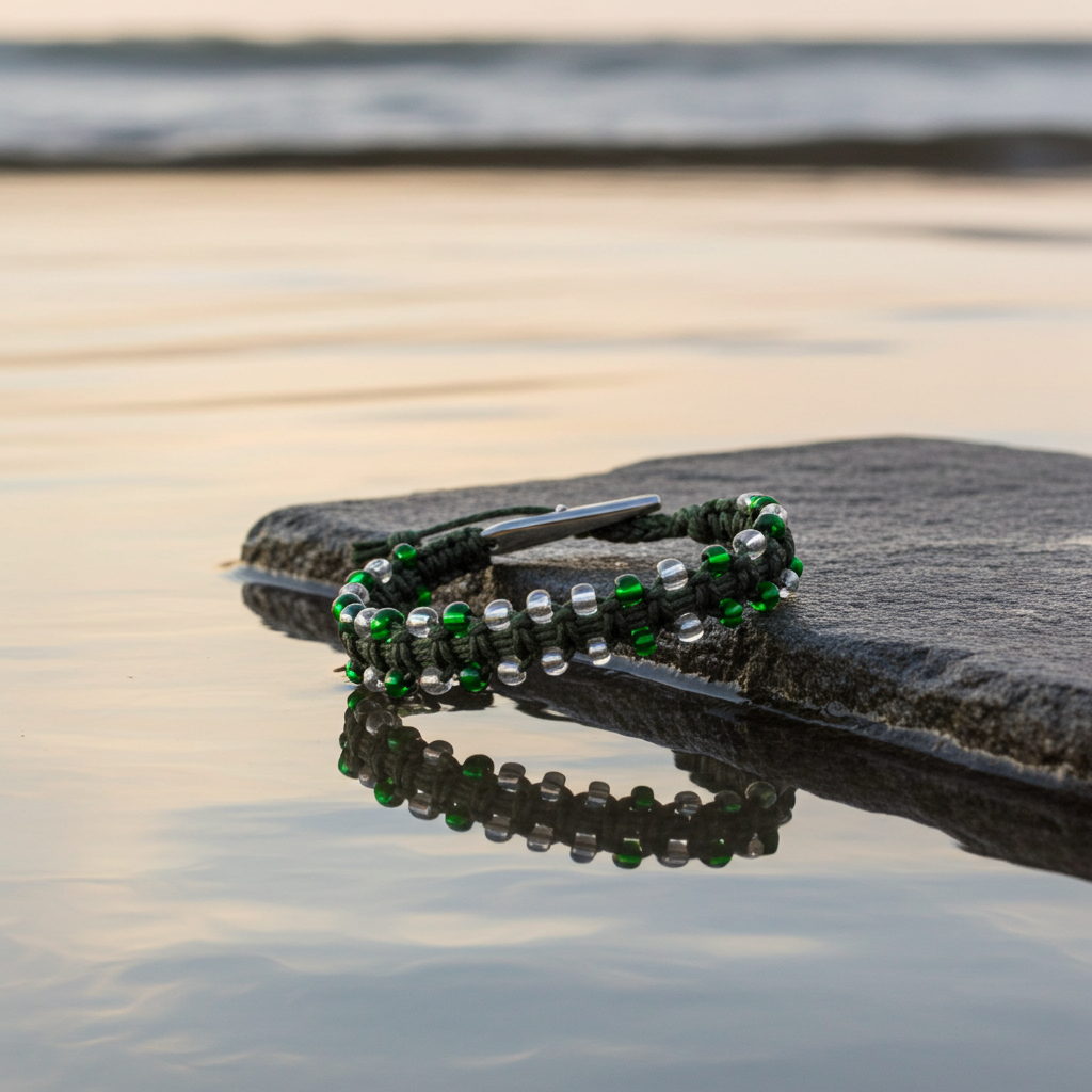 Glass Beaded Dark Green Adjustable Alligator Clip Hemp Bracelet