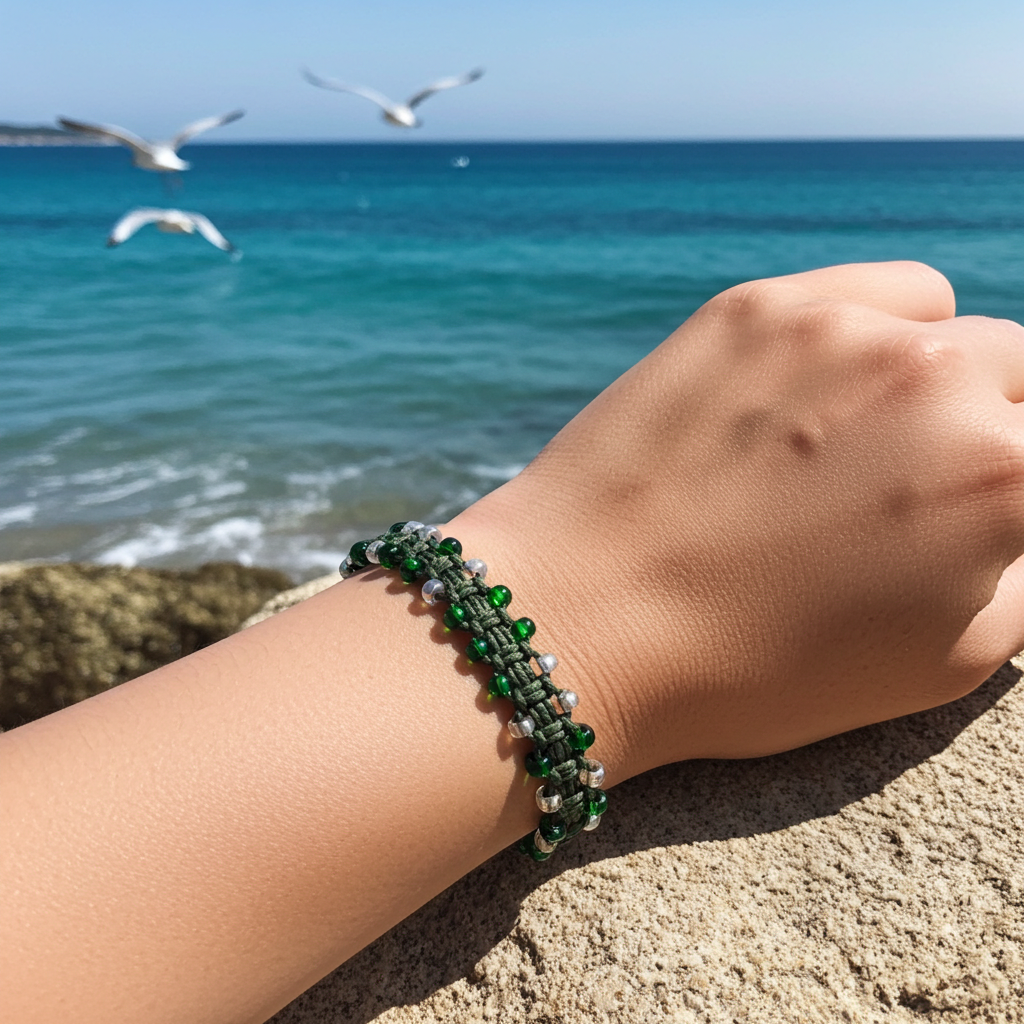 Glass Beaded Dark Green Adjustable Alligator Clip Hemp Bracelet