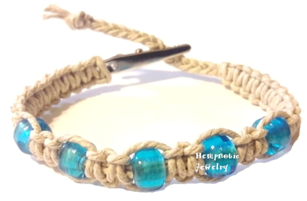 Boho Hempnotic Hippie Light Blue Beaded Adjustable Clasp Hemp Bracelet