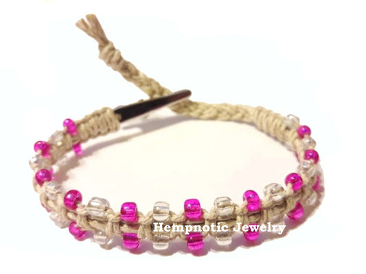 Pink Glass Beaded Adjustable Alligator Clip Natural Hemp Bracelet or Anklet