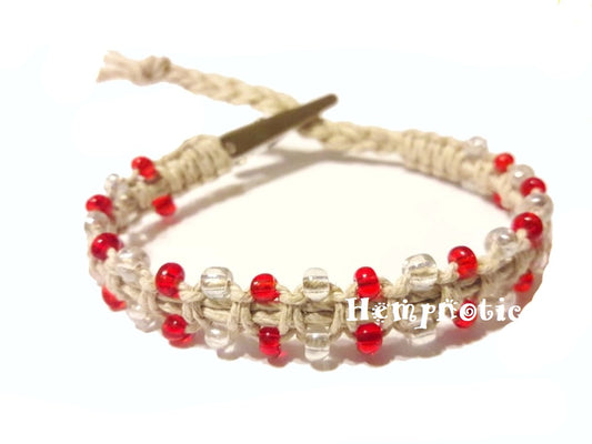 Red Glass Beaded Adjustable Alligator Clip Natural Hemp Bracelet or Anklet