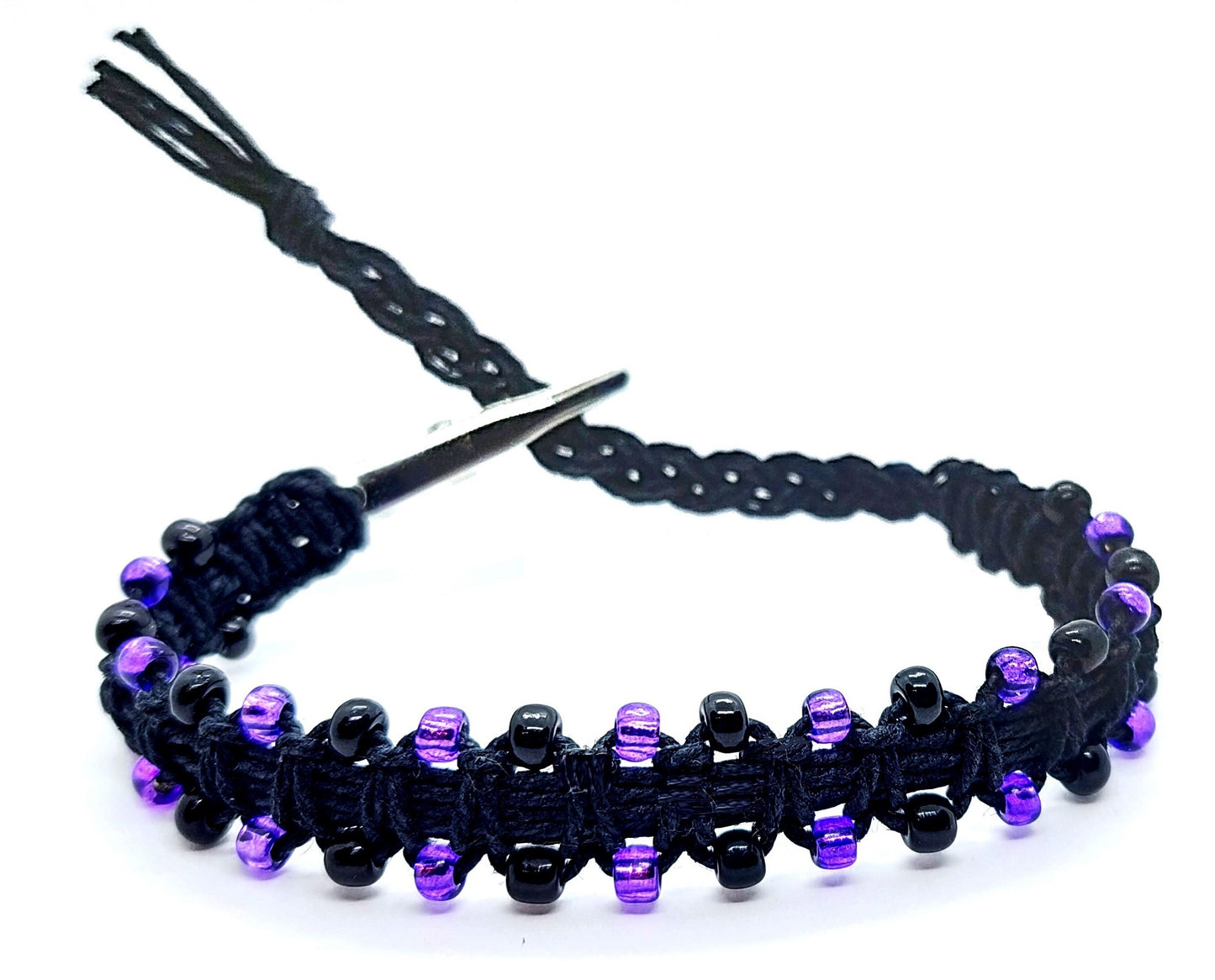 Hempnotic Jewelry Purple Glass Beaded Adjustable Alligator Clip Black Hemp Bracelet