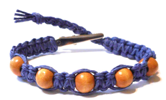 Hempnotic Jewelry Mens Womens Wood Beaded Adjustable Alligator Clip Blue Hemp Bracelet