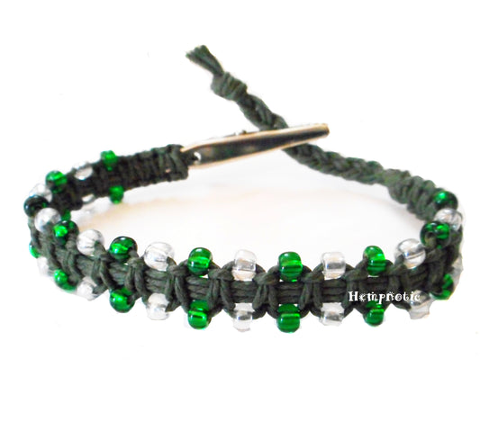 Glass Beaded Dark Green Adjustable Alligator Clip Hemp Bracelet