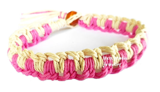 Pink and Natural Zig Zag Woven Two Color Hemp Bracelet