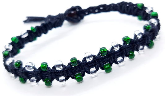 Green Glass Beaded Adjustable Black Hemp Bracelet