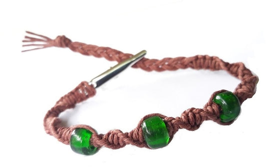 Brown Hemp Adjustable Bracelet With Green Glass Beads