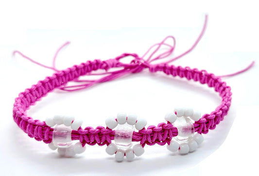 Pink Hemp Anklet Bracelet Hawaiian Inspired Glass Beaded Flower Adjustable