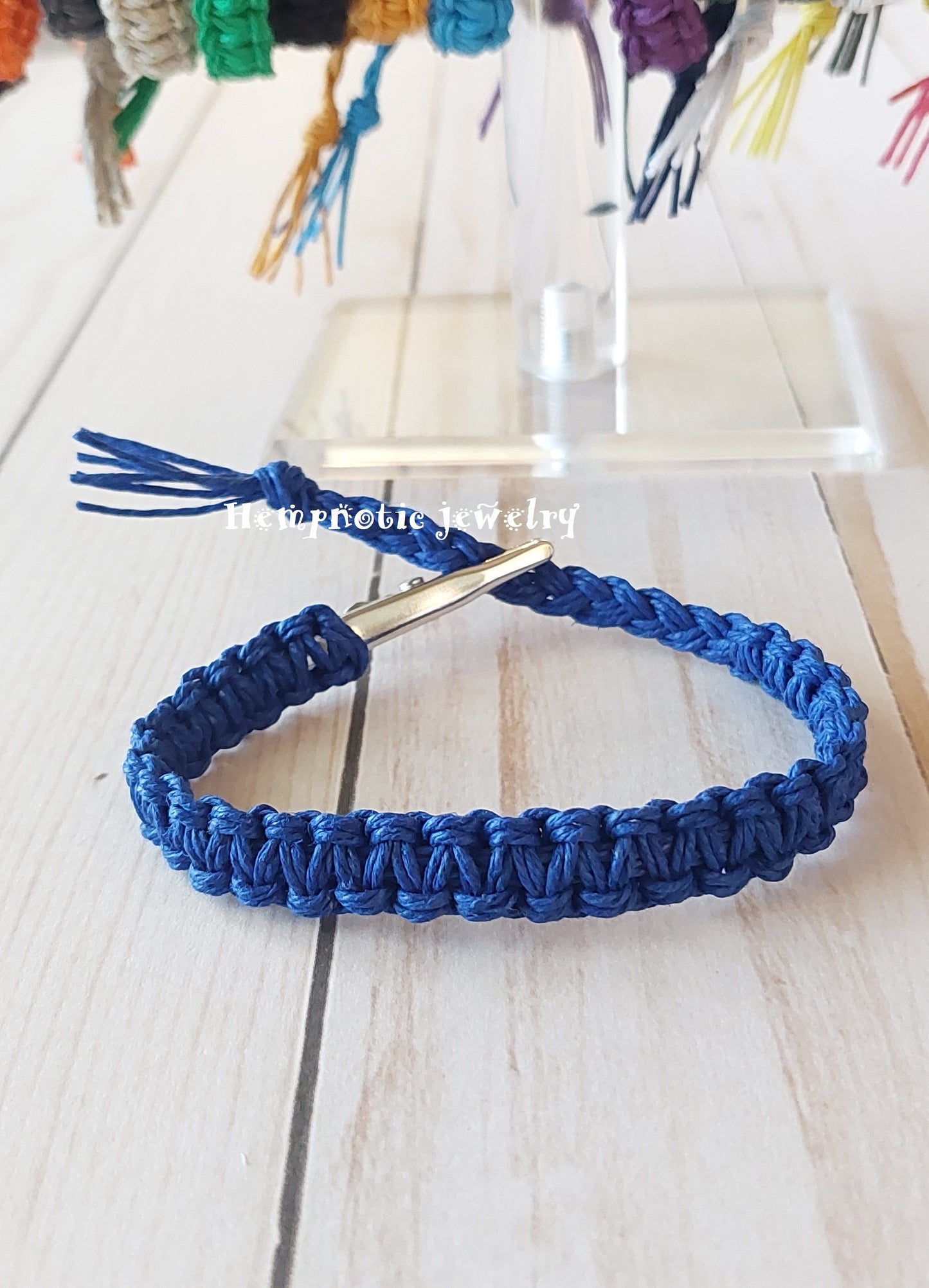 roach clip blue hemp bracelet with alligator clip clasp