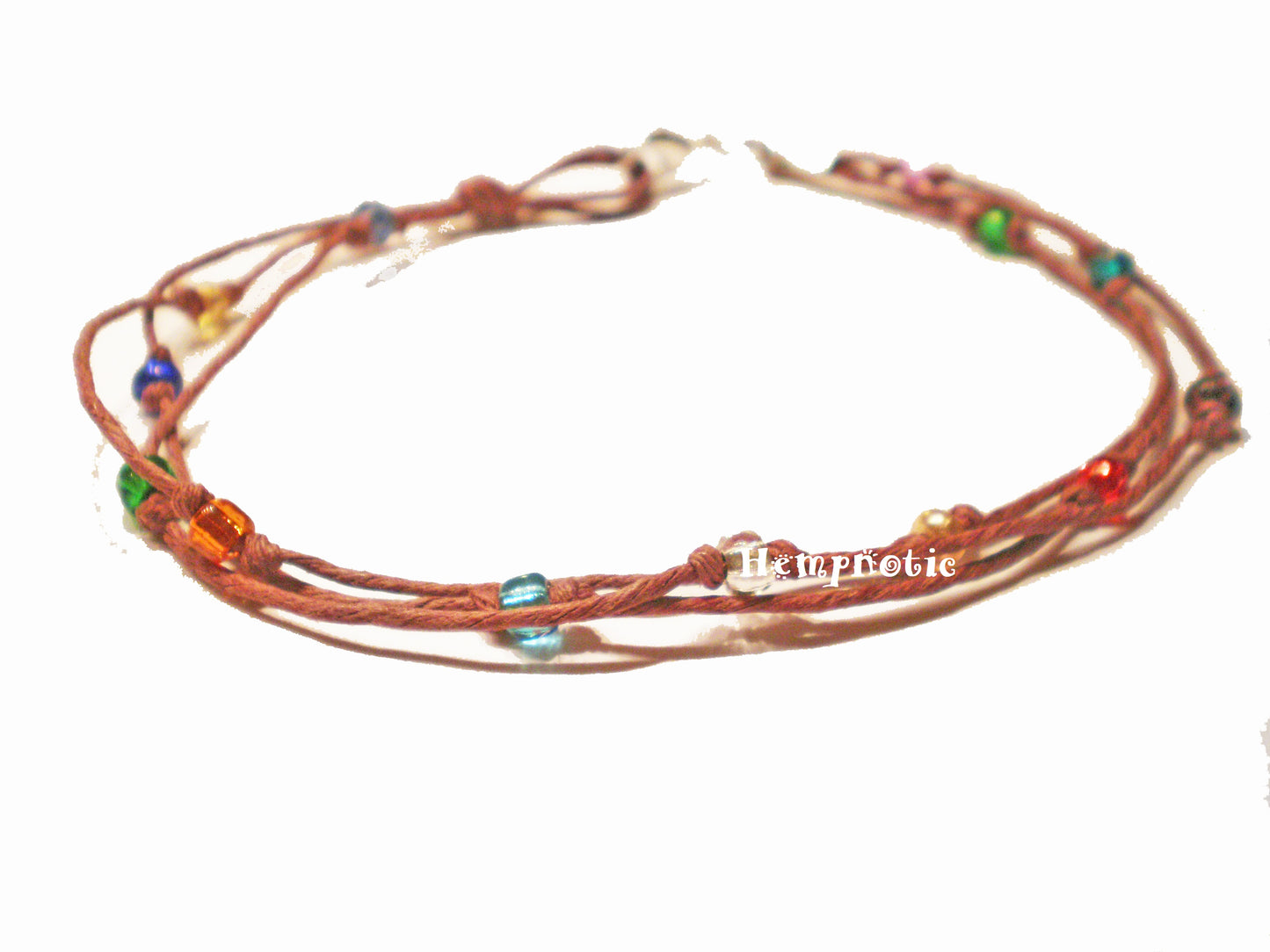 Brown Hemp Multicolor Glass Beaded Three String Anklet