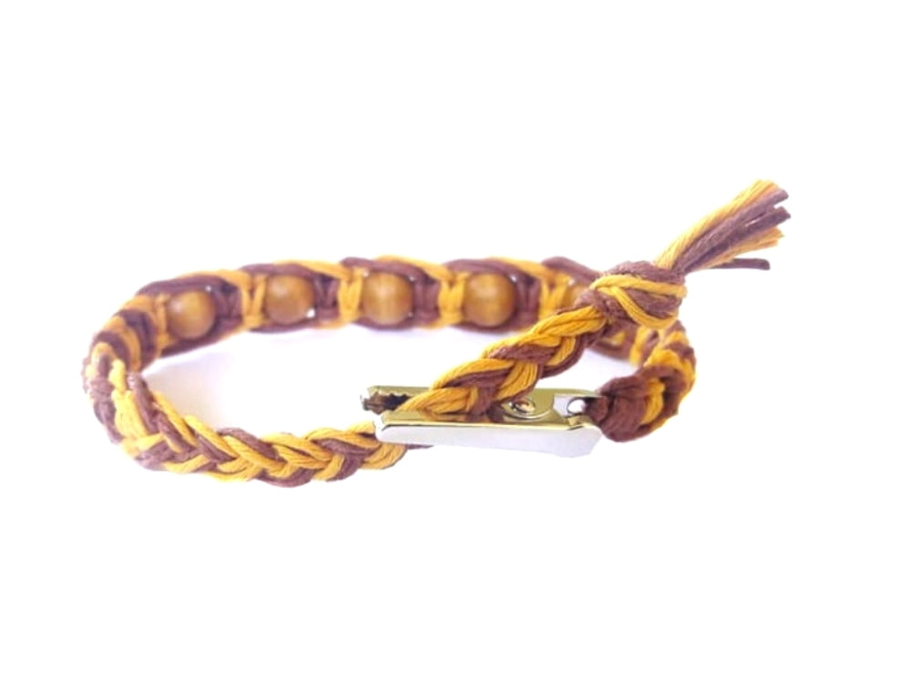 Brown and Gold Wood Beaded Adjustable Alligator Clip Hemp Bracelet