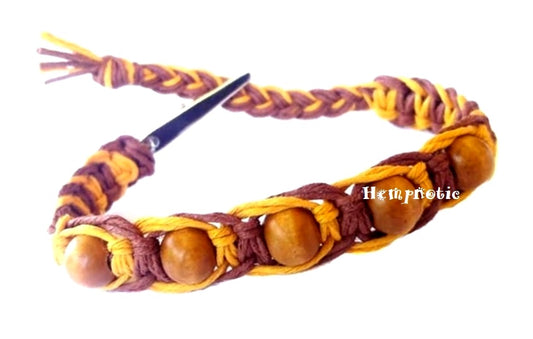 Brown and Gold Wood Beaded Adjustable Alligator Clip Hemp Bracelet