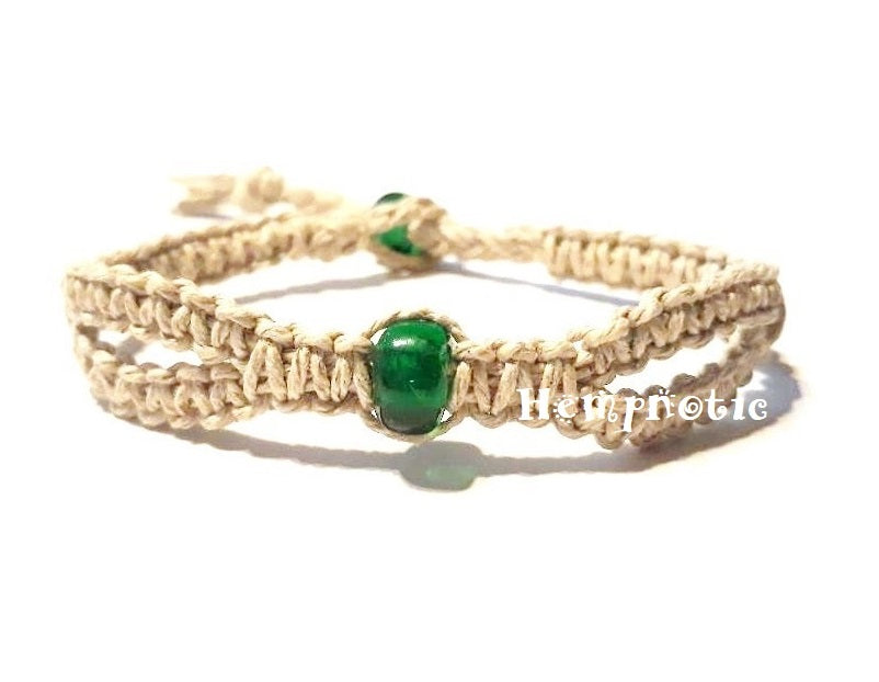 Emerald Green Hempnotic Glass Beaded Adjustable Hemp Bracelet