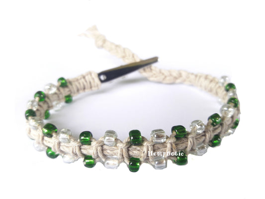Green Glass Beaded Hempnotic Adjustable Alligator Clip Natural Hemp Bracelet or Anklet